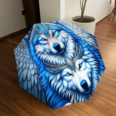 1pc Blue Wolf Fantasy Artwork Umbrella with Plastic Handle,Suitable for All Seasons Home Travel Outdoor UmbrellaDD954