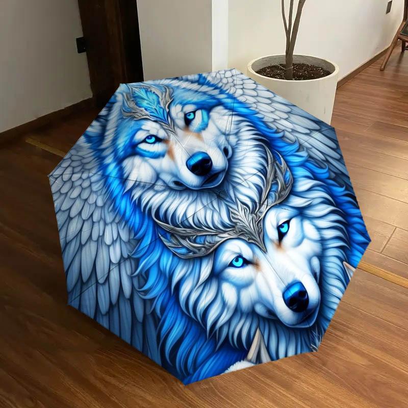 1pc Blue Wolf Fantasy Artwork Umbrella with Plastic Handle,Suitable for All Seasons Home Travel Outdoor UmbrellaDD954