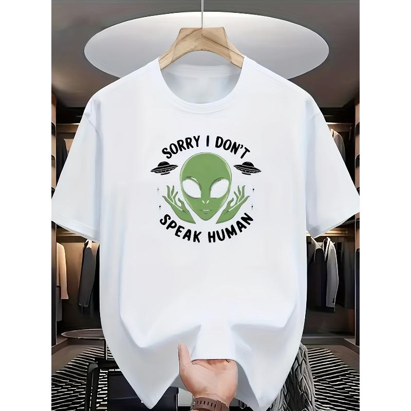 

Men S Casual Crew Neck Short-Sleeved T-Shirt with a Green Alien Pattern on The Front, Stylish And Versatile Trendy Print Short Sleeves. S белый