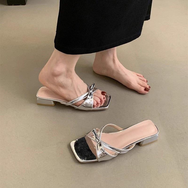 With skirt gentle slippers women's outer wear temperament holiday thick heel square head sandals