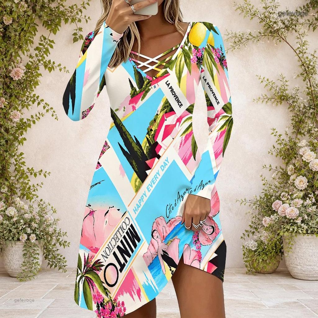 Women Long Sleeve Criss Cross V Neck Abstract Printed Blue Pink White Irregular Hem Dress