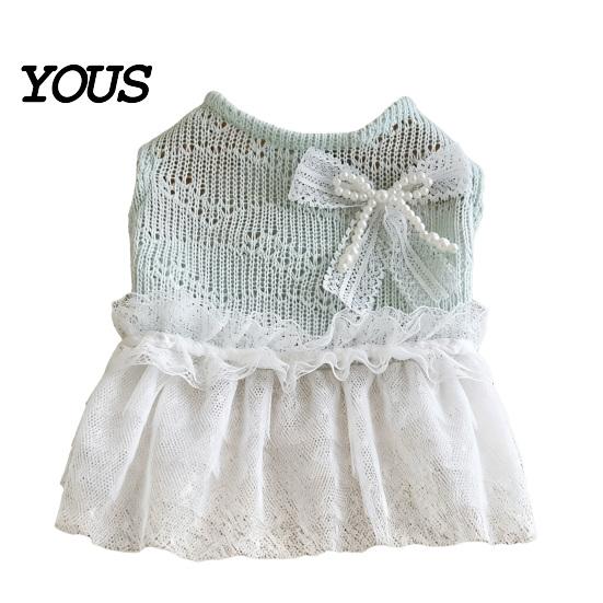 Lace Pet Dress Knitted Sleeveless Dog Dress, White Tutu Puppy Princess Cute Girl Clothing for Summer with Faux Pearl Bow, Female Small Dogs