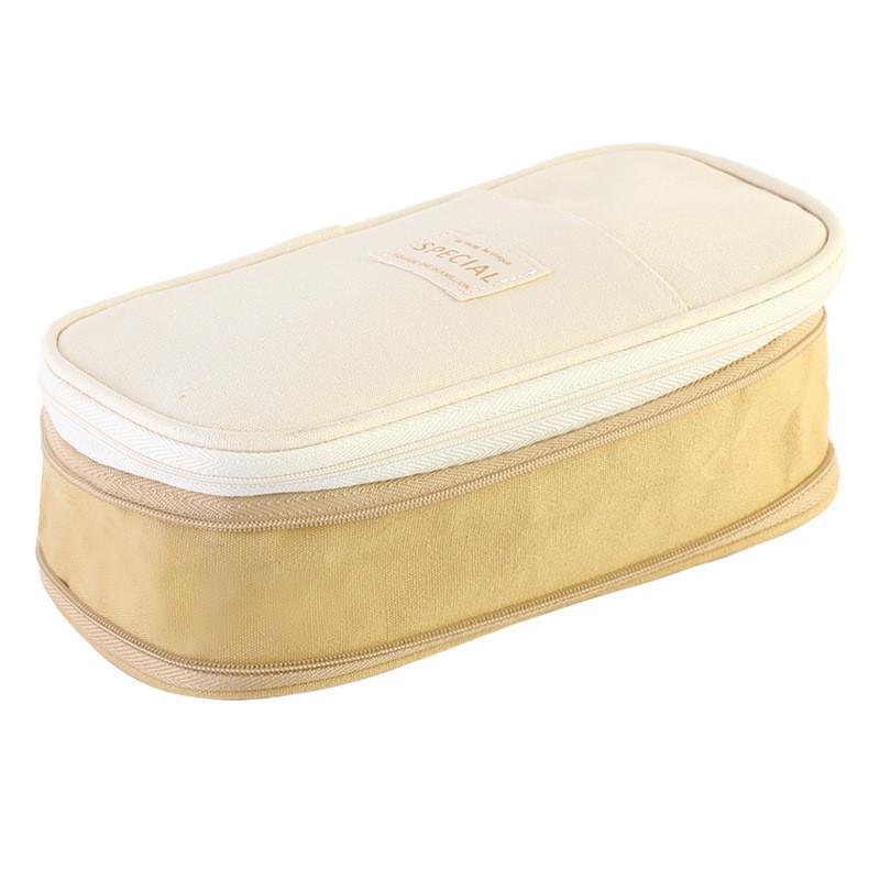 Stylish Macaron Color Canvas Expandable Large Capacity Pencil Case With Dual Zippers