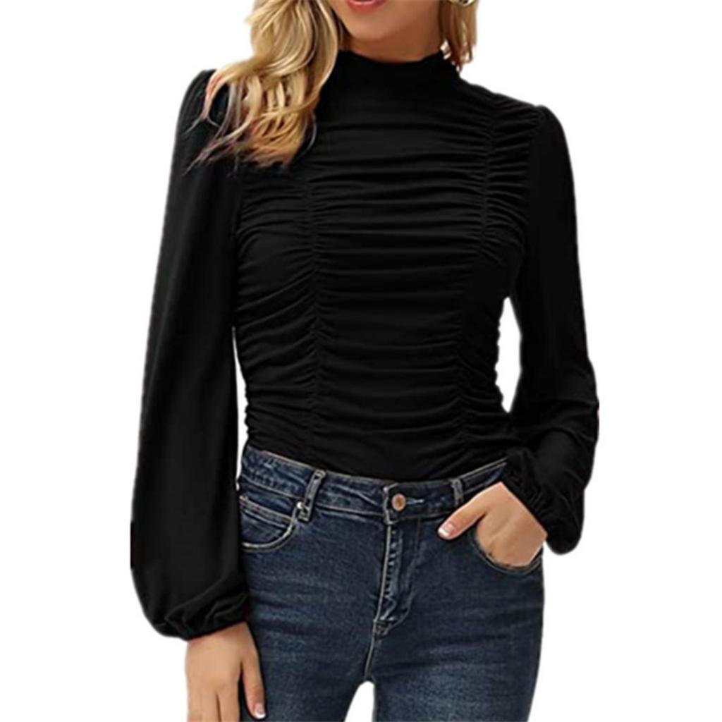 Fall New Women's Solid Color High Neck Pleated Slim Fit Long Lantern Sleeve T-shirt, European & American Style Casual Top for Women