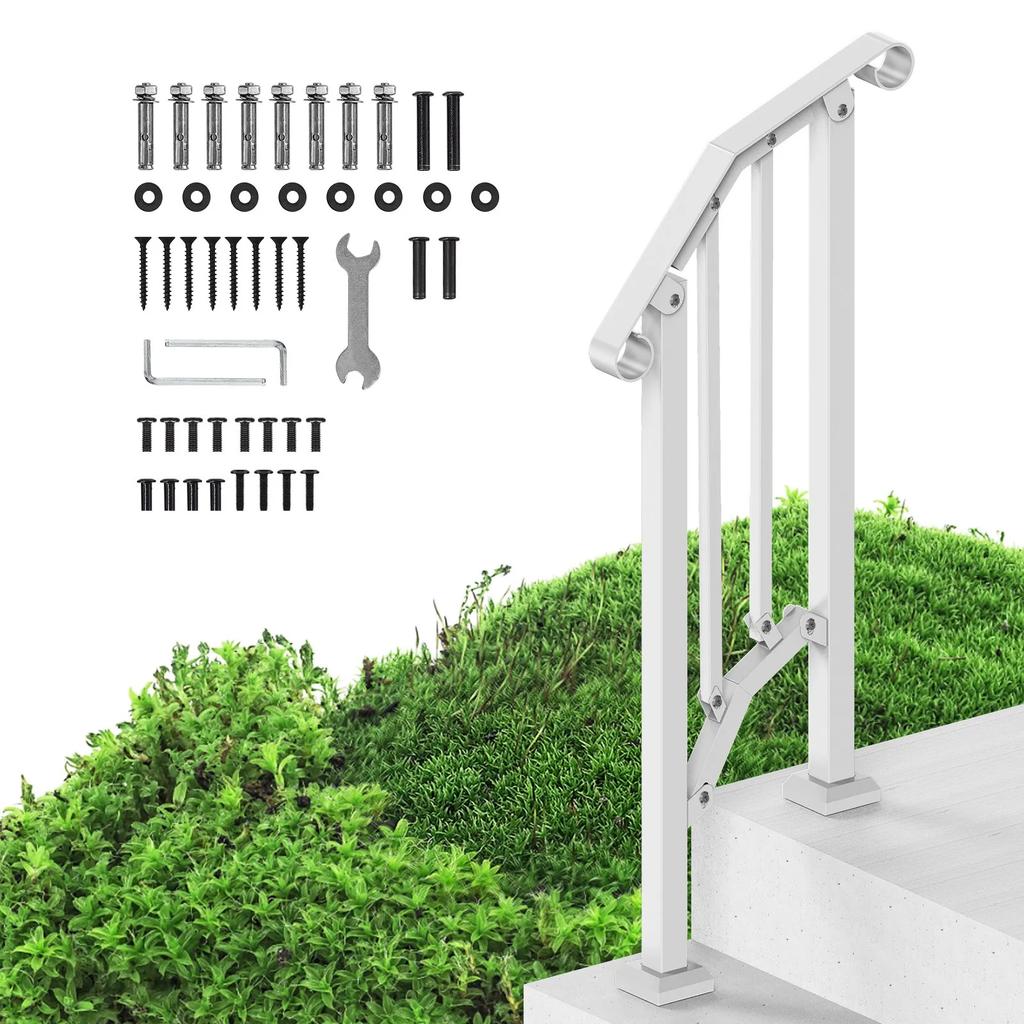 VEVOR Handrails for Outdoor Steps, 1-2 Step Stair Hand Rail Kit, Transitional Carbon Steel Railings with Installation Kit, Stair Rails for Seniors