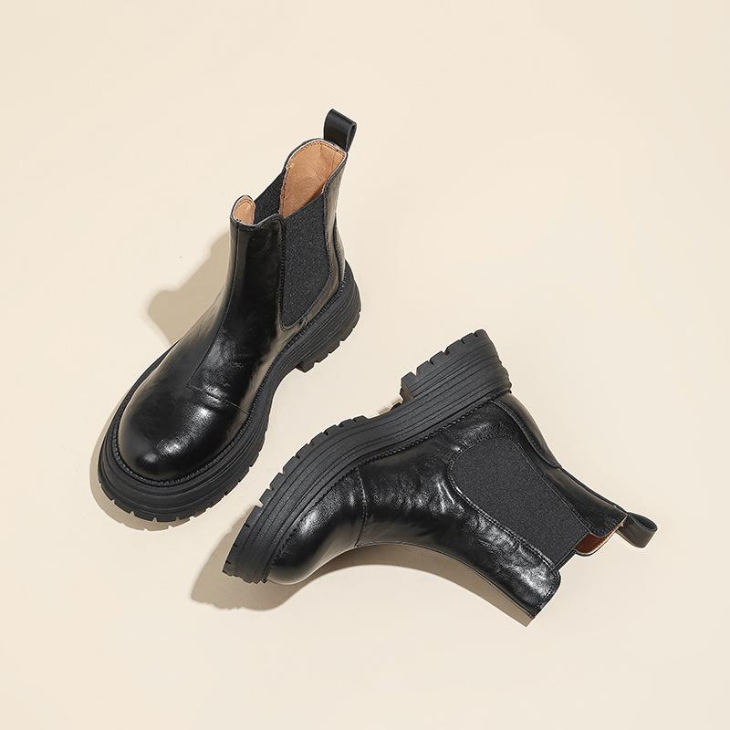 Chelsea Short Boots for Women with Hand-grabbing Leather Thick-soled Retro British Style Autumn and Winter Style Elastic One-foot Boots