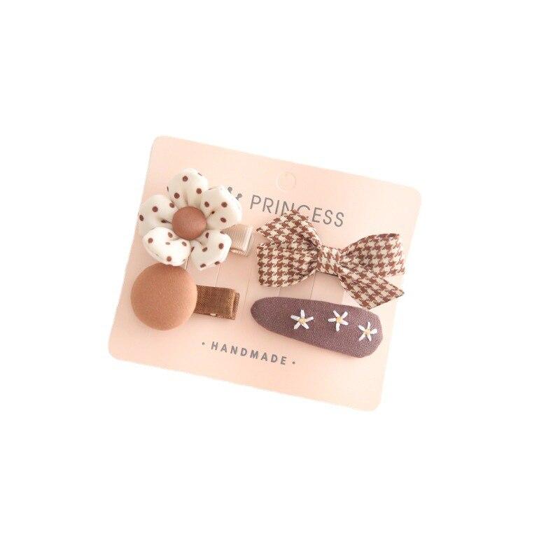 4pcs Toddler Girl Hair Clip Retro European Style Milk Tea Color Bow Floral Kids Hairpin Lovely Bang Side Clip Hair Accessories