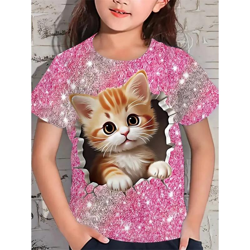 Fun Girl T-shirt Summer Short Sleeved Top Cartoon Animal Cat 3D Printing 2025 Girl Clothing