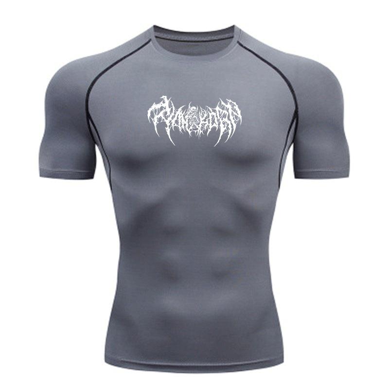Men's Quick Dry Compression Athletic T-Shirt, Black Death Metal Spiky Print Breathable Stretchy Top for Gym Workout Running Training Sports Wear
