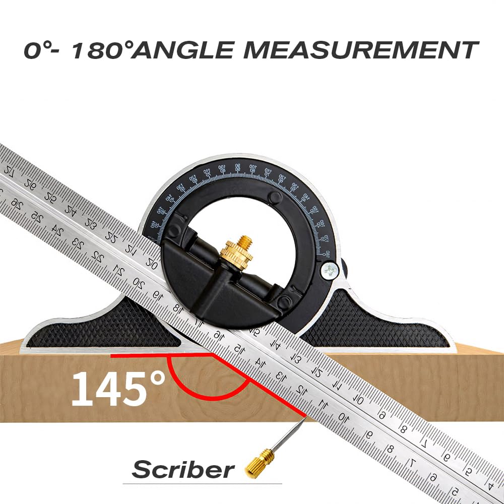 BAUSATZ Combination Square 12 inch Stainless Steel Combo Square 300mm Universal Bevel 180 Degree Angle Combination Square Set Protractor Ruler