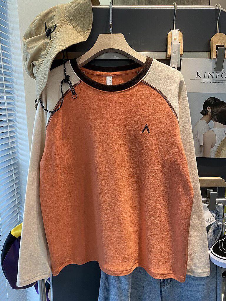 2025 Autumn/Winter Women's Dopamine Color Block Warm Plush Raglan Long Sleeve Base Layer T-shirt.