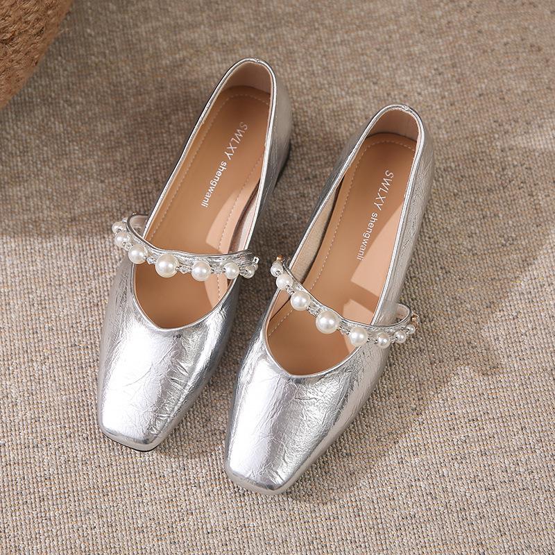 Spring New Simple Fashion Square Head Pearl Word with Shallow Mouth Single Shoes Versatile Fashion Mary Jane Shoes Women