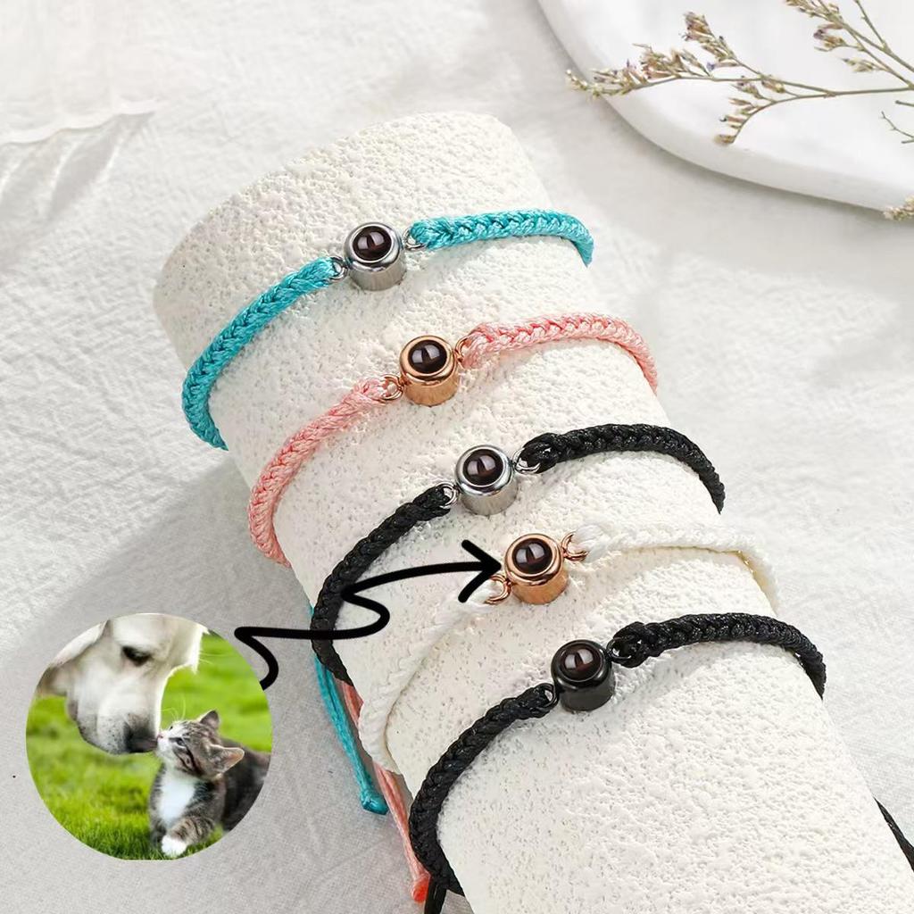 Handmade Woven Stainless Steel Bracelet with Custom Photo and 'I Love You' In 100 Languages Projection