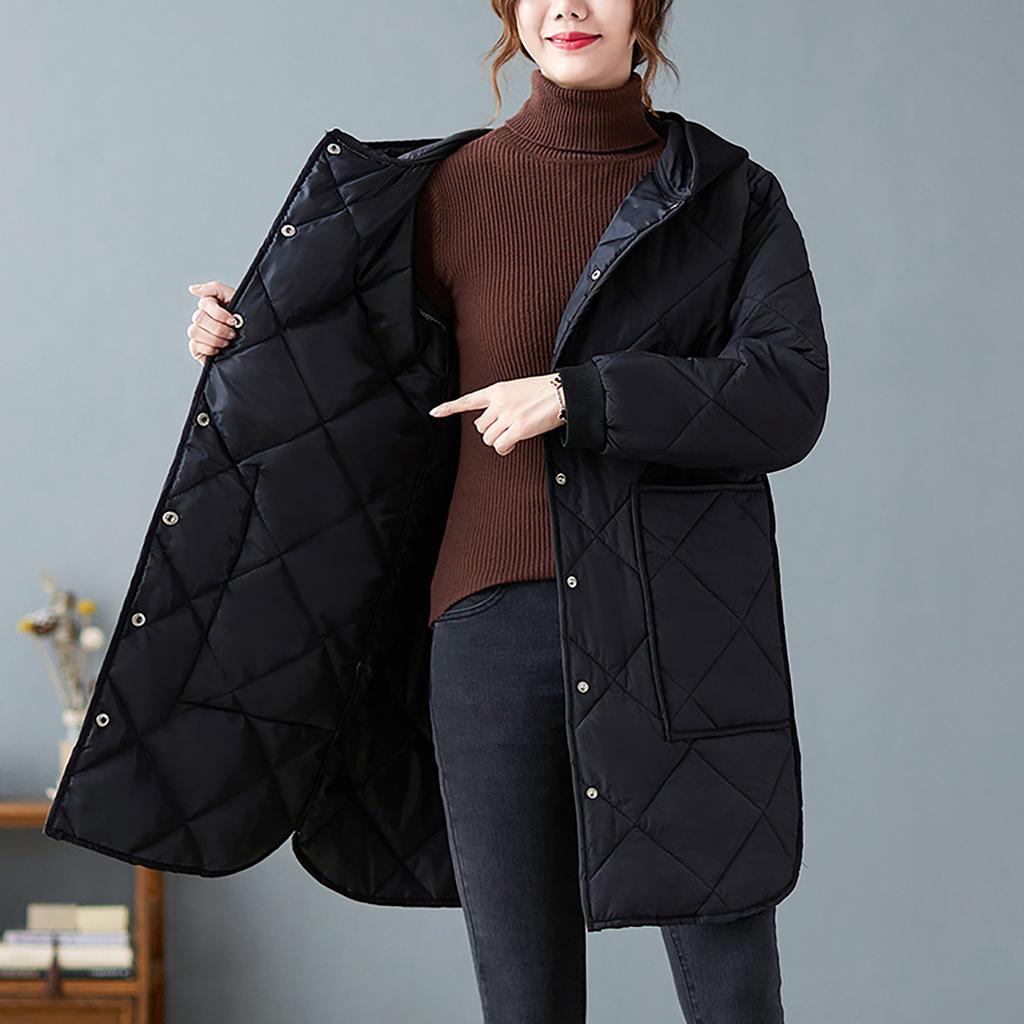 Jachetă de damă de iarnă cu glugă, cu mâneci lungi, de lungime medie, lejeră, din bumbac ușor