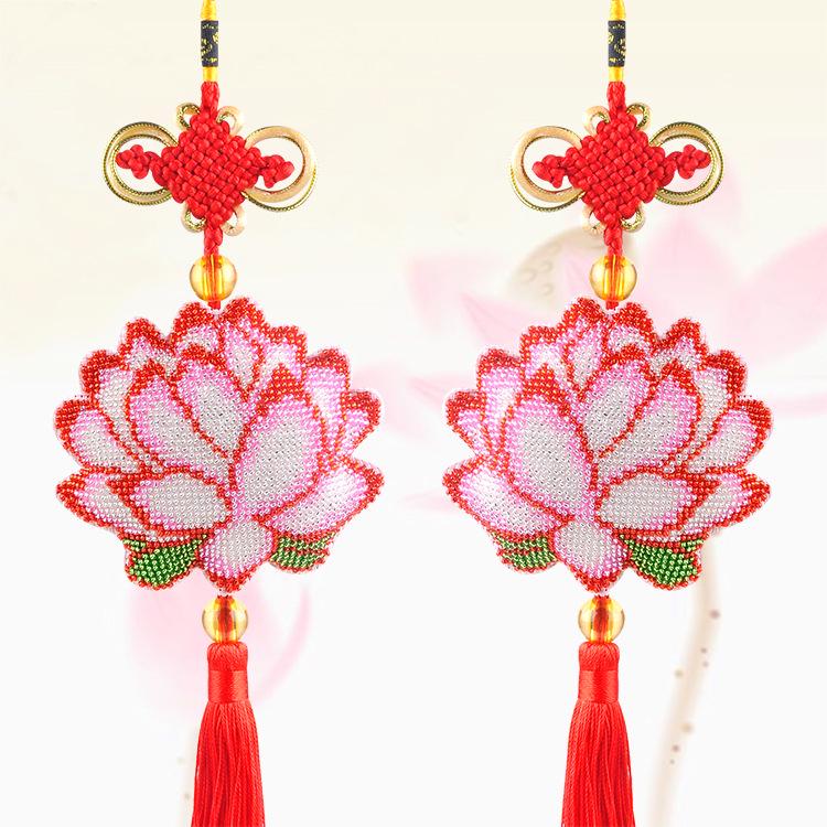 Blue Lotus Blessing Car Pendant with Bead Embroidery and Cross-Stitch for Peace and Fortune