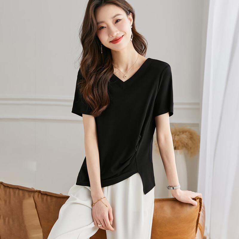 Srcr Women s 100% Mulberry Silk V-Neck Short Sleeve T-Shirt XL
