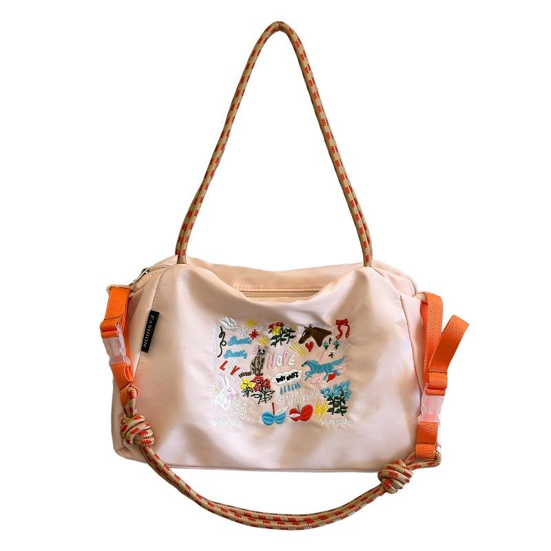 Japanese Fashion Embroidered Nylon Shopping Bag Versatile Large Capacity Canvas Messenger Bag Foreign Style Leisure Commuter Handbag