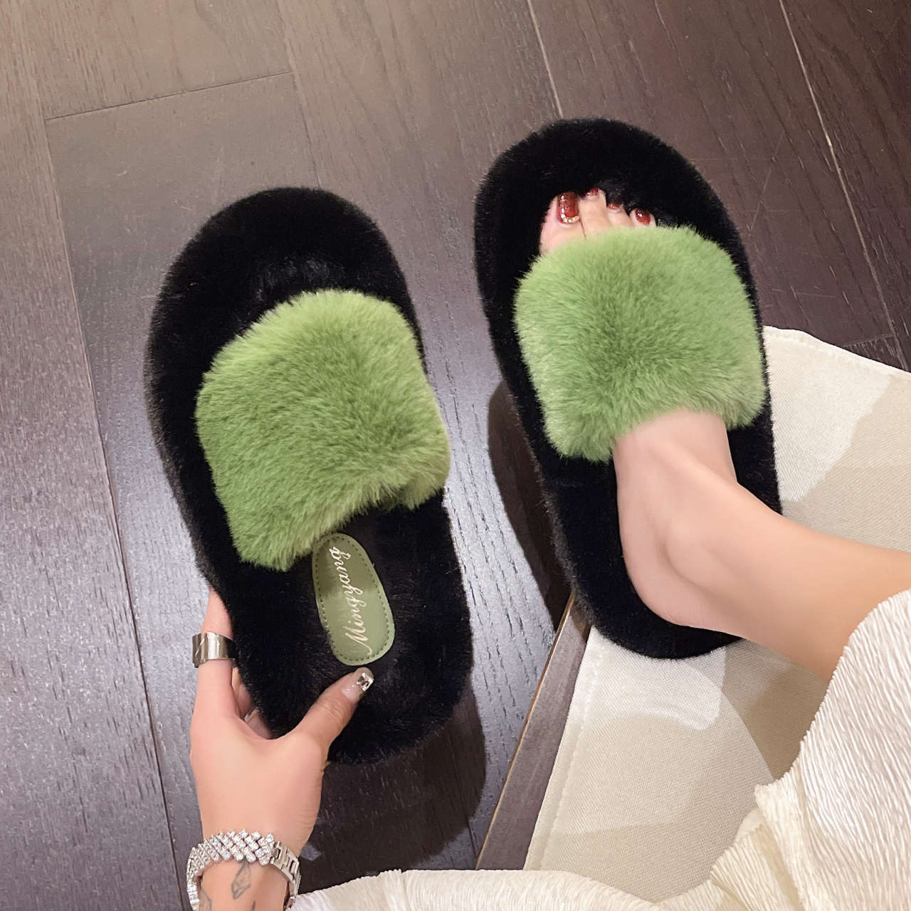 

Thick Soled Plush Slipper Women s Autumn Winter Indoor Open Toe Slides Comfortable Fluffy Slippers for Women Size35-42 Pantuflas 42 зелений