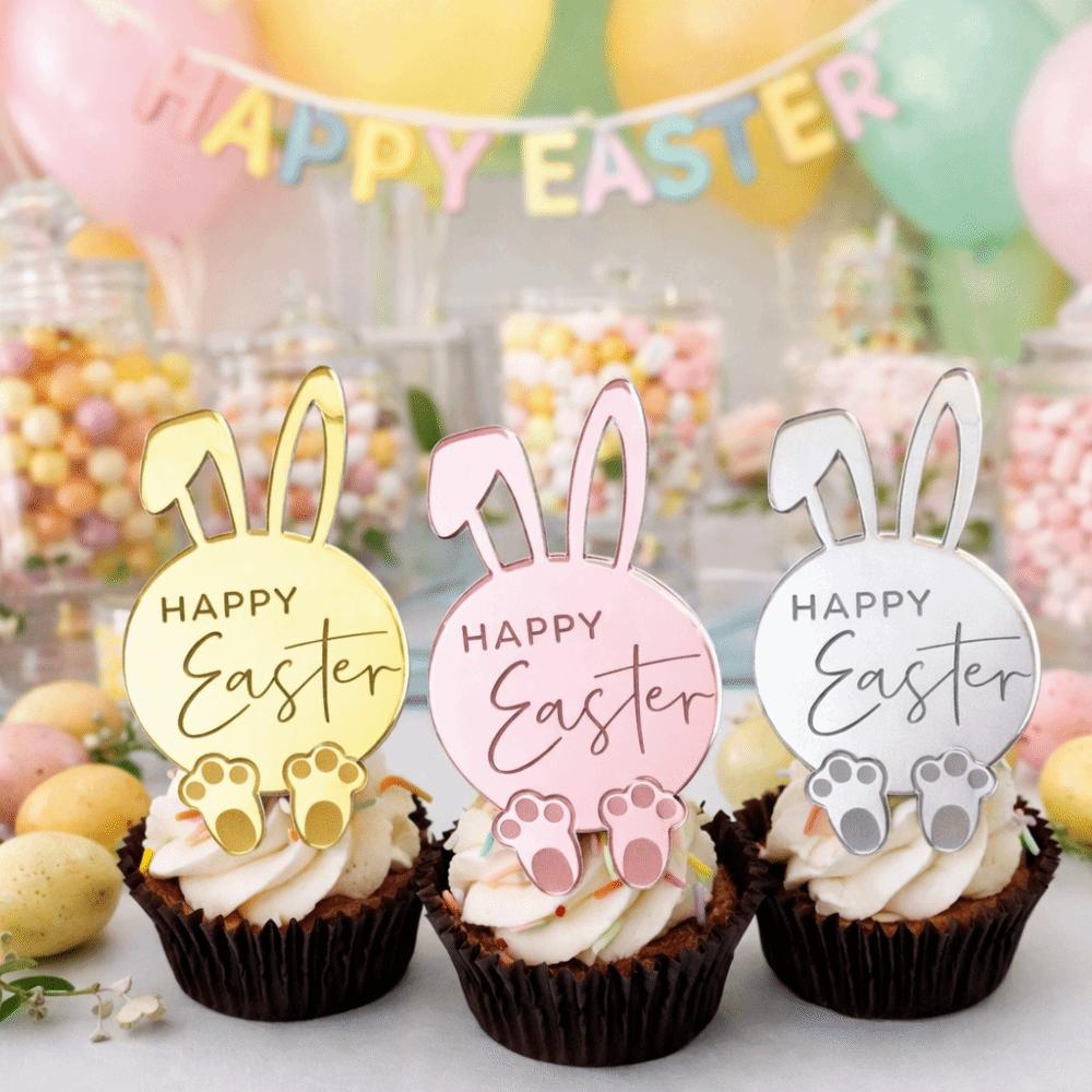 6pcs Acrylic Cupcake Decor Toppers Happy Easter Bunny Pattern Tags Rabbit Cake Toppers Easter Party