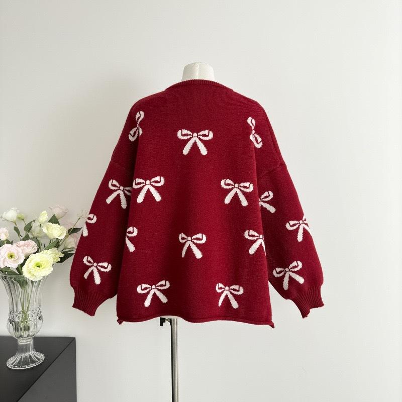 Damen Lockerer Rundhals Schleife Perlenbesetzter Pullover Jacke Herbst- und Winterdesign Altersreduzierender Cardigan Top