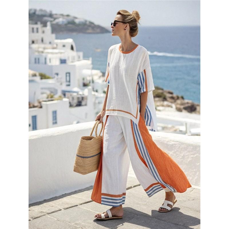 Y1 Short Sleeve Shirt Set Fashion Digital Printing Women's Loose Crew Neck Top High Waist Pants Two-piece Set