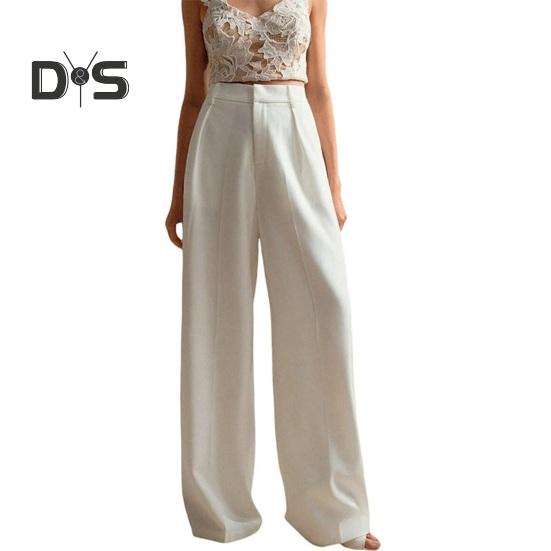 Women Pants High Waist Button Zipper Closure Straight Wide Leg Long Trousers with Pockets Solid Color Commuting Style Pants