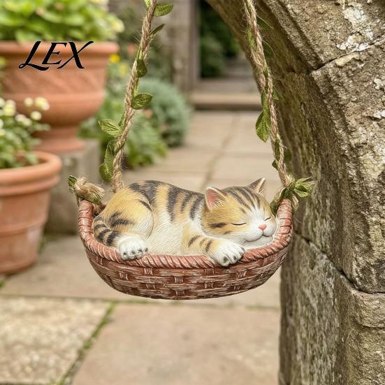 Sleeping Kitten Hanging Ornament Basket Cat Statue, Cute Figurine, Weatherproof Decor for Balcony Resin Outdoor Garden Patio Porch Decoration