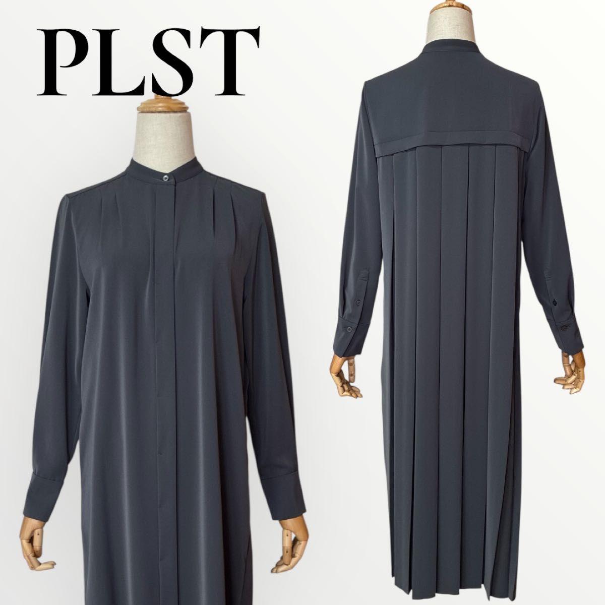 PLST Band Collar Back Pleated Shirt Dress Gray S