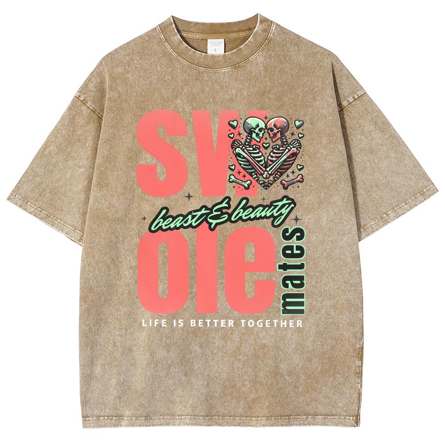 Casual Minimalist Oversized Monogram Print Women's T-Shirt Summer Comfortable Crewneck Washed Short Sleeve Street Top