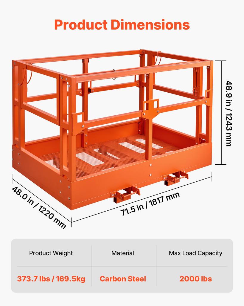 VEVOR Plataforma de Trabajo de Malla para Manipulador Telescópico, 1817 x 1220 mm, Cesta de Seguridad para Personas, Capacidad de 907.18 kg, Accesorio para Manipulador Telescópico Carretilla Elevadora, Jaula de Seguridad