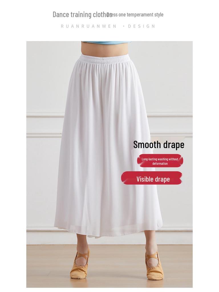 Women's White High Waist Chiffon Dance Pants - Wide Leg, Flowy, Modern Performance Wear