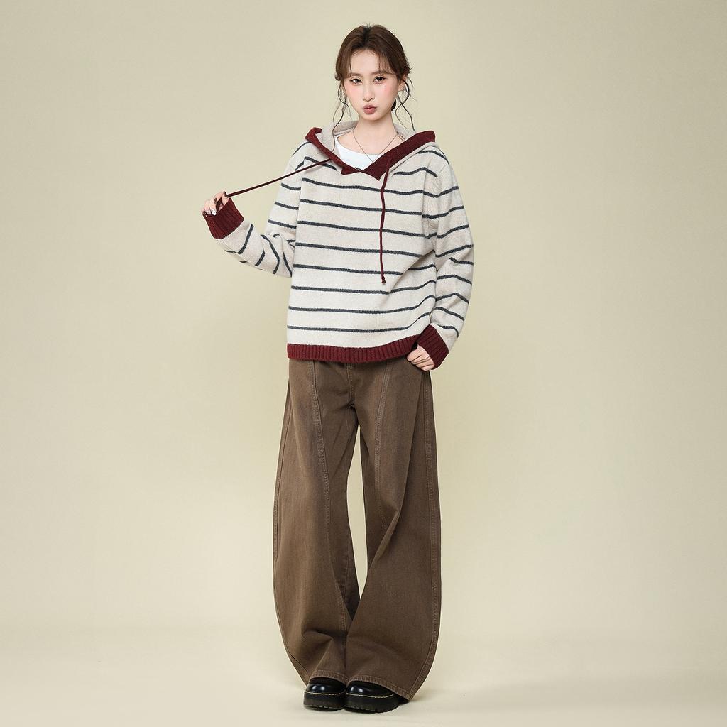 Lazy Hooded Striped Knitted Sweater Long-sleeved Thickened Bottoming Shirt with Autumn and Winter New Loose Coat Top Women