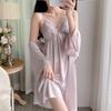 2025 Satin Spring/Autumn Pajamas: Sexy Women's Nightdress & Lace Homewear Set with Chest Pad In Ice Silk