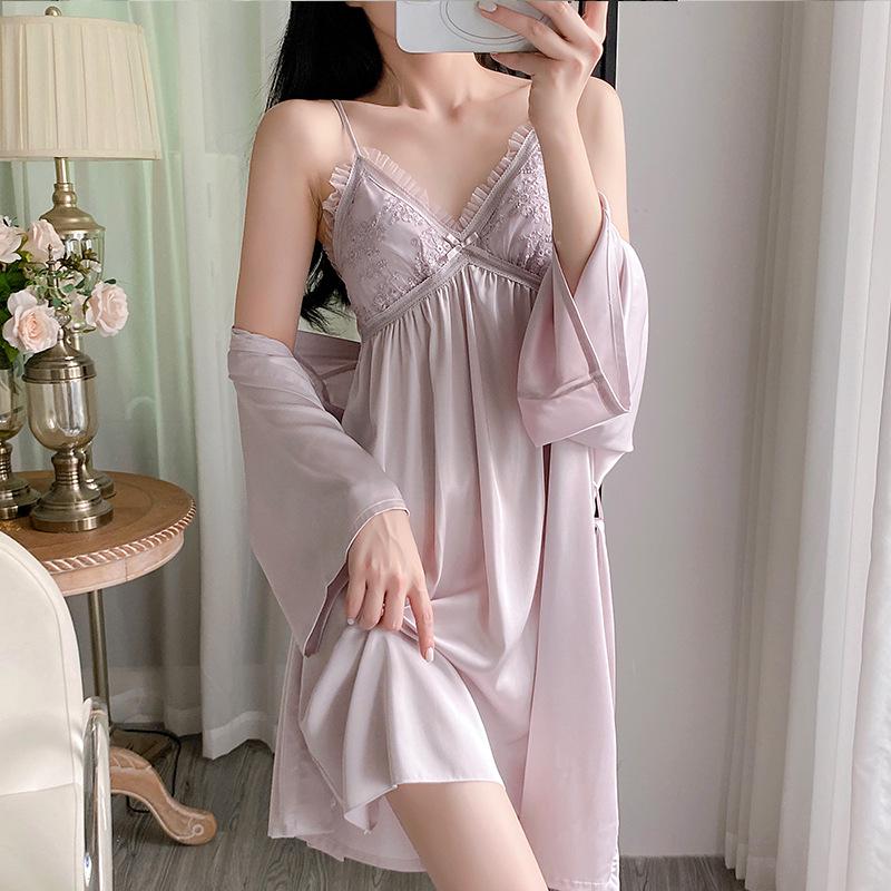 2025 Satin Spring/Autumn Pajamas: Sexy Women's Nightdress & Lace Homewear Set with Chest Pad In Ice Silk