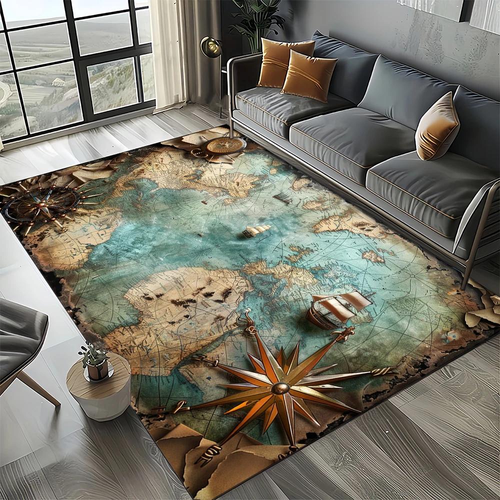 Retro Marine Nautical Chart Compass Carpet Rug for Home Living Room Bedroom Sofa Doormat Decor, Floor Mat