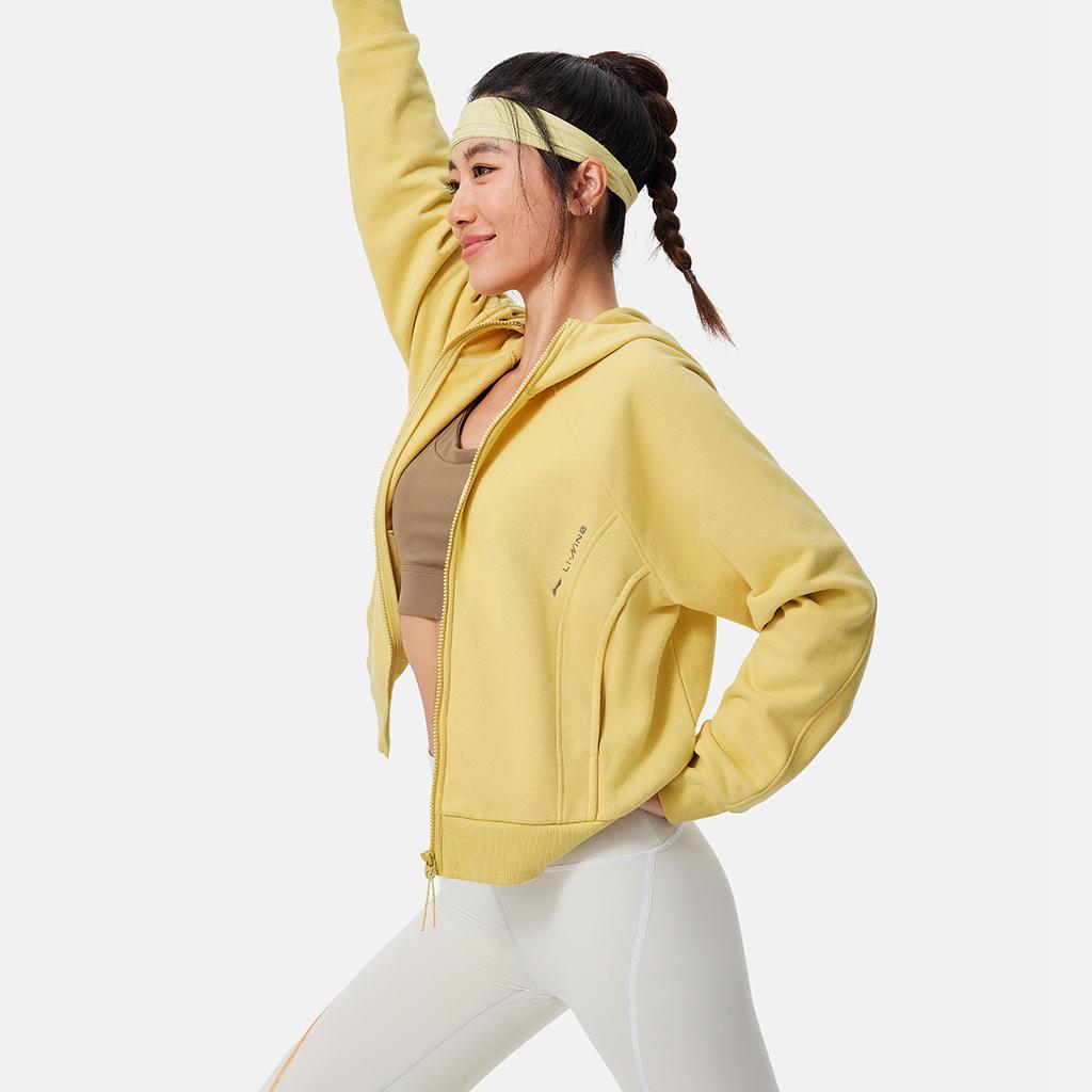 Li-Ning Fitness Series Moisture-Wicking Thermal Fleece Hooded Cardigan Raglan Dopamine Long Sleeve Sweatshirt Women sweatshirt AWDU562-3