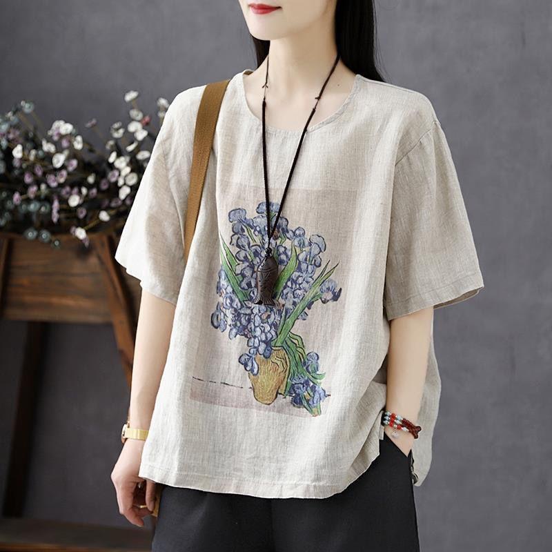 Cotton and Linen T-shirt Women's Short-sleeved Summer Women's Blouse Loose Retro Printing Large Size Women's T-shirt