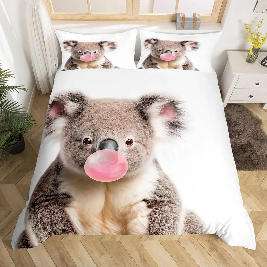 Urocza Poszwa na Kołdrę Koala Rozmiar Twin, Różowy Zestaw Pościeli z Balonem na Gorące Powietrze, Akwarelowy Kwiatowy Zwierzęcy Pokrowiec na Kołdrę, Kreskówkowy Pokrowiec na Kołdrę