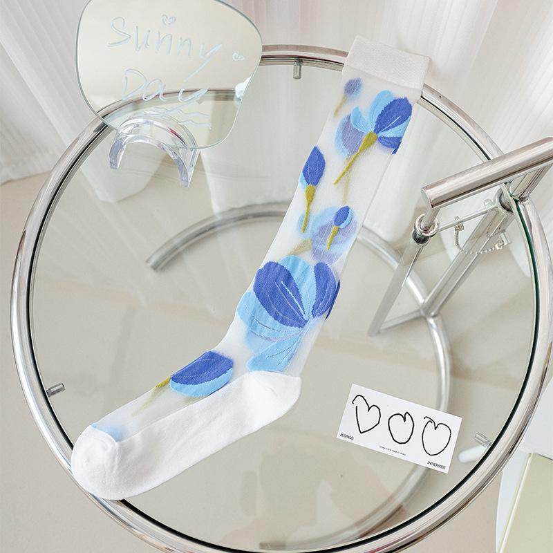 Transparent Thin Knee High Girls Socks Floral Print Japanese Kawaii Cute Stockings Summer Ultra-thin Nylon Long Socks Stockings