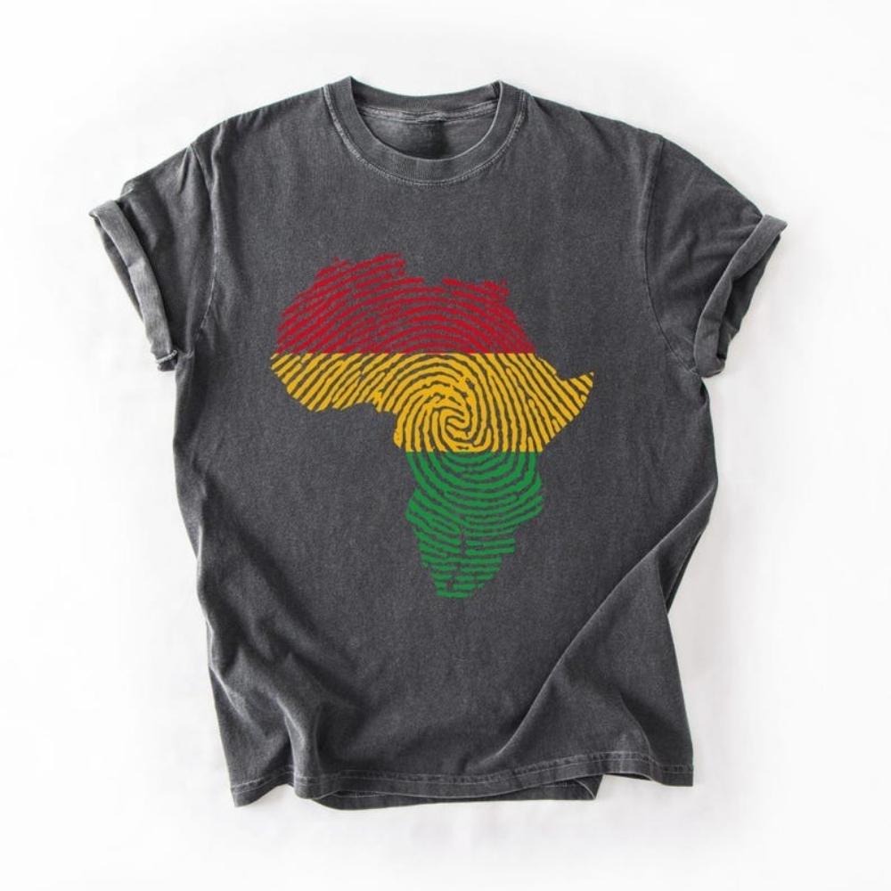 

Africa Fingerprint RBG Pan African Pride Man Graphic T Shirts with Red Yellow Green Map Design Black History Month Ethnic Tee S