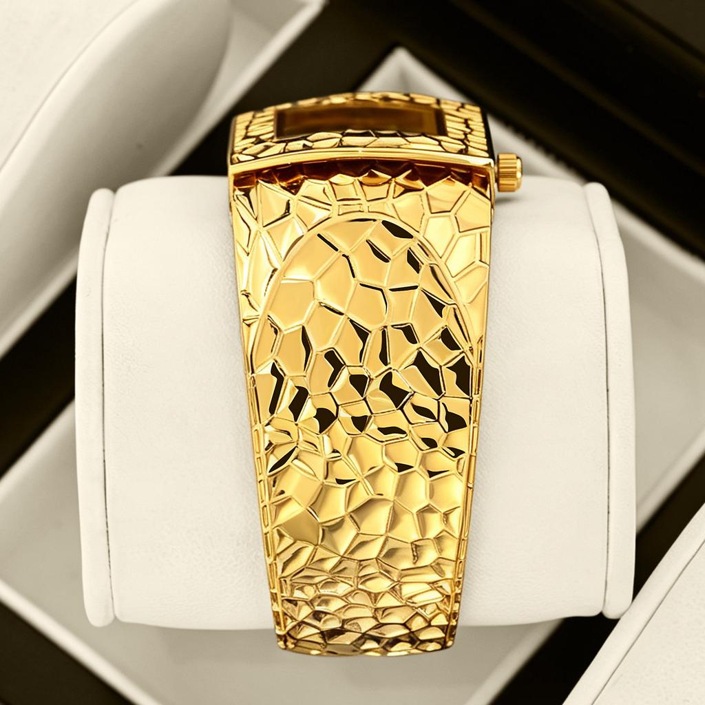 YaLaLuSi Gold Open Cuff Women Watch Square Green Dial Crystal Quartz Wrist Watch Luxury Gift Watch For Her