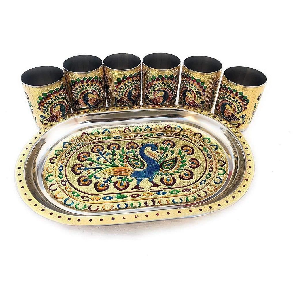 Handicrafts Set of 6 Stainless Steel Glass Indian Handmade Meena Work Peacock Design Golden Color Diwali Christmas Tumbler Gift Set With Serving Tray