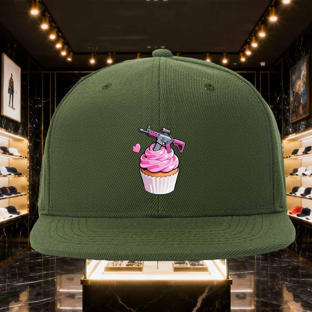Pink Gun Cupcake Graphic Baseball Cap Unisex Polyester Flat Brim Snapback Hat Outdoor Dad Hat