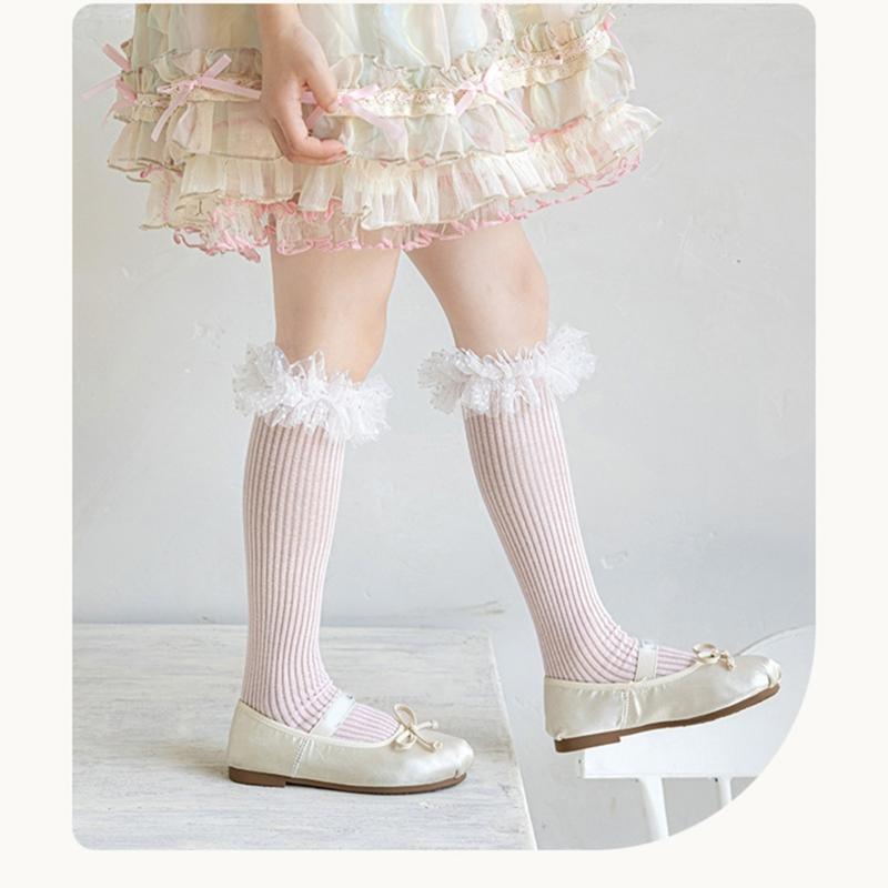 Sweet Style Mesh Dress Socks with Decorative Edge Accent for Toddler Girls Formal Event Under Knee Length Stockings