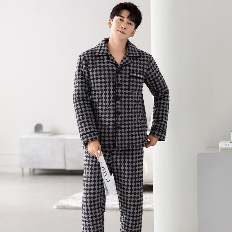 Pajamas Men'S Winter And Winter Warm Fleece Thickened Three-Layer Padded Jacket Can Be Worn Outside Men'S Coral Fleece Loungewear