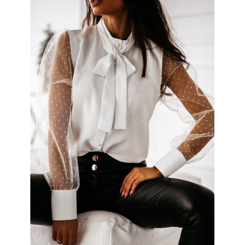 

Fashion Spring & Fall New Arrival Work Clothing Ol Fashion Single-Breasted Bow Collar Dots Mesh Stitching Long Sleeves Shirt Tops White 2XL