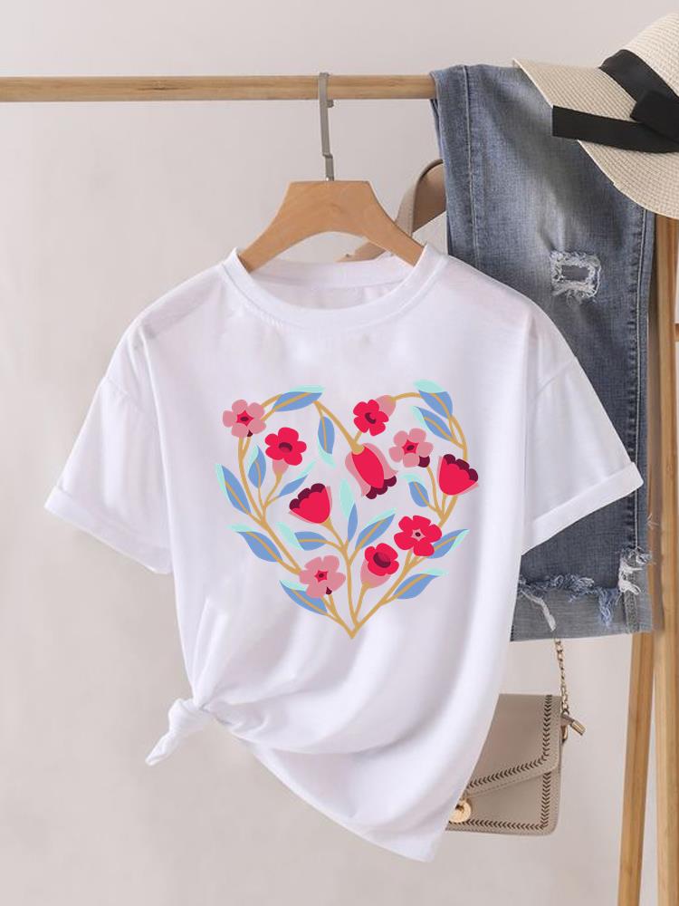 (Asian Size) Sweet Flower Printed Clothing Lady Female Top Casual T Shirt Fashion Short Sleeve T-shirts Women Graphic Tee