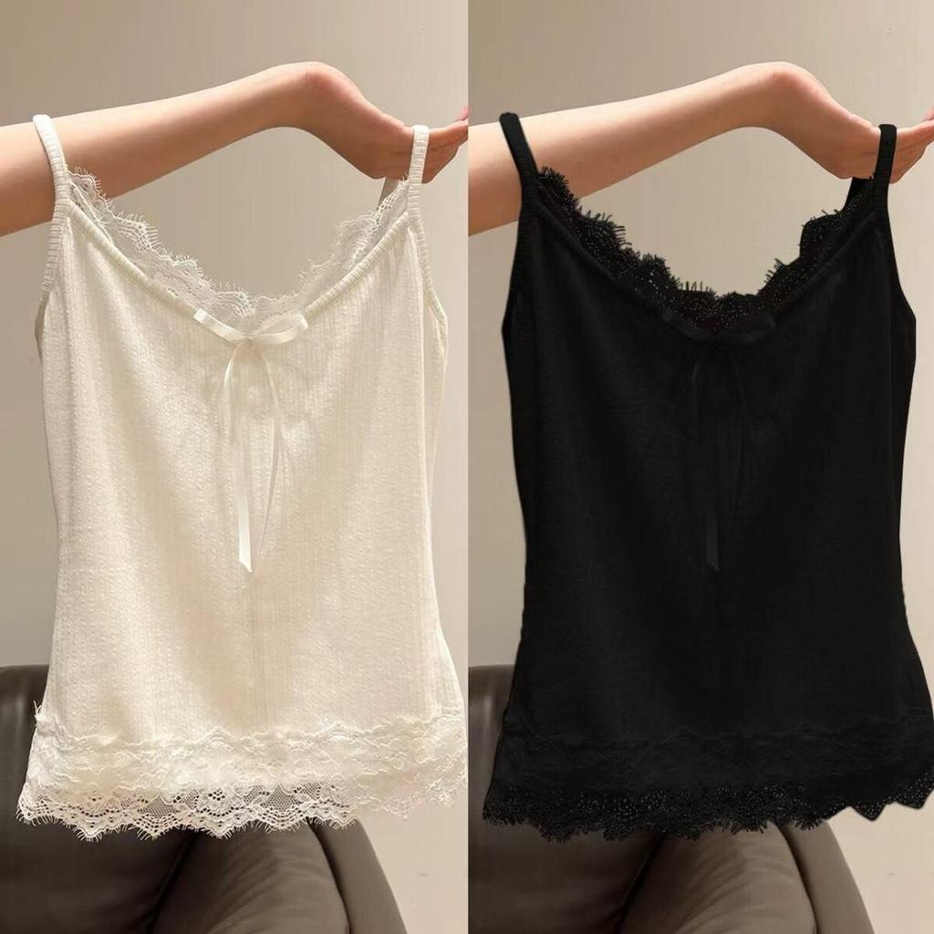 Women's Plus Size Cotton Lace Bow Camisole - Slim Fit Spring/Summer Layered Tank Top
