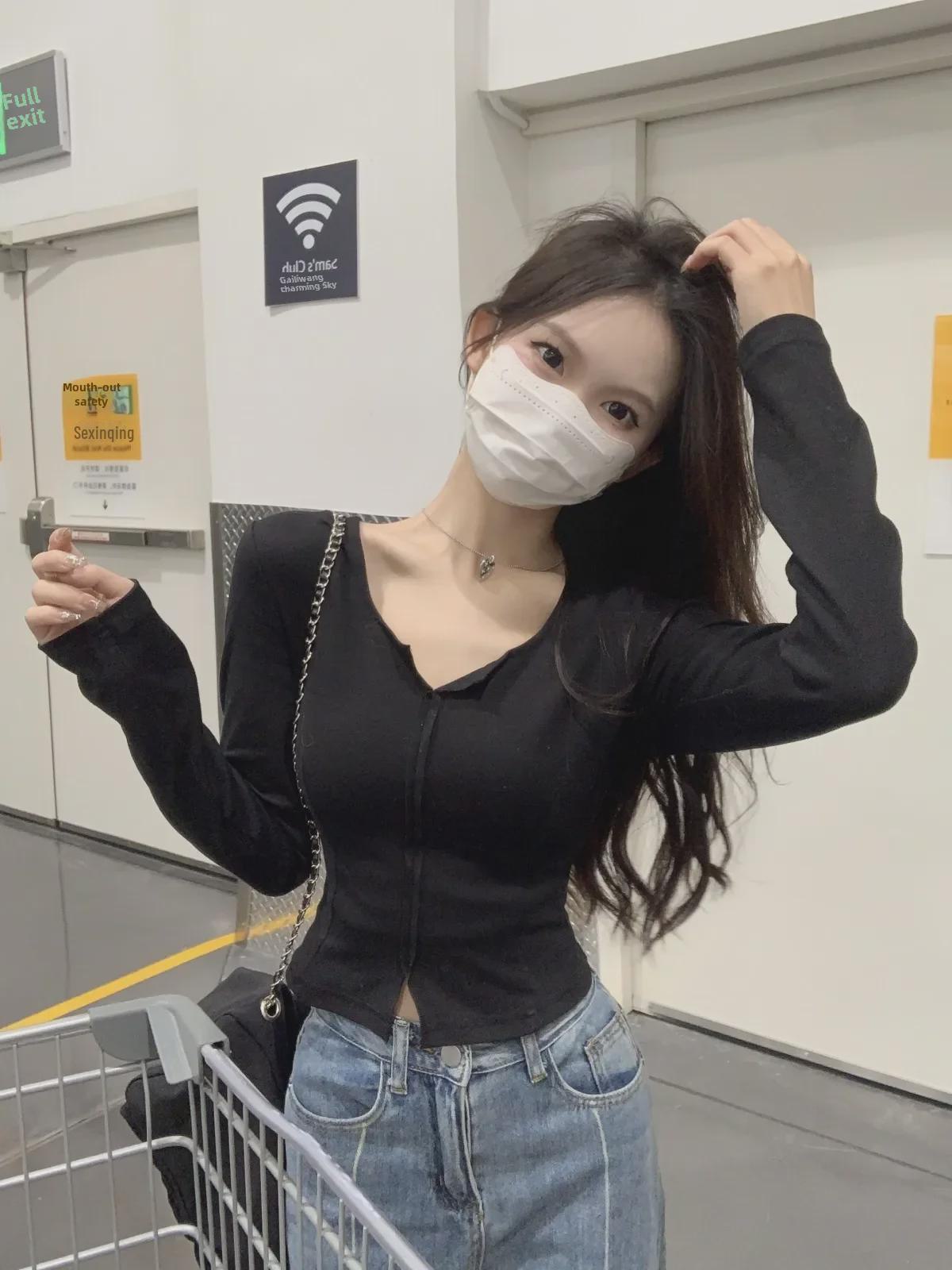 

Корейская весна 2024 года, футболка с длинным рукавом для женщин XXL (130-150 lbs) чёрный