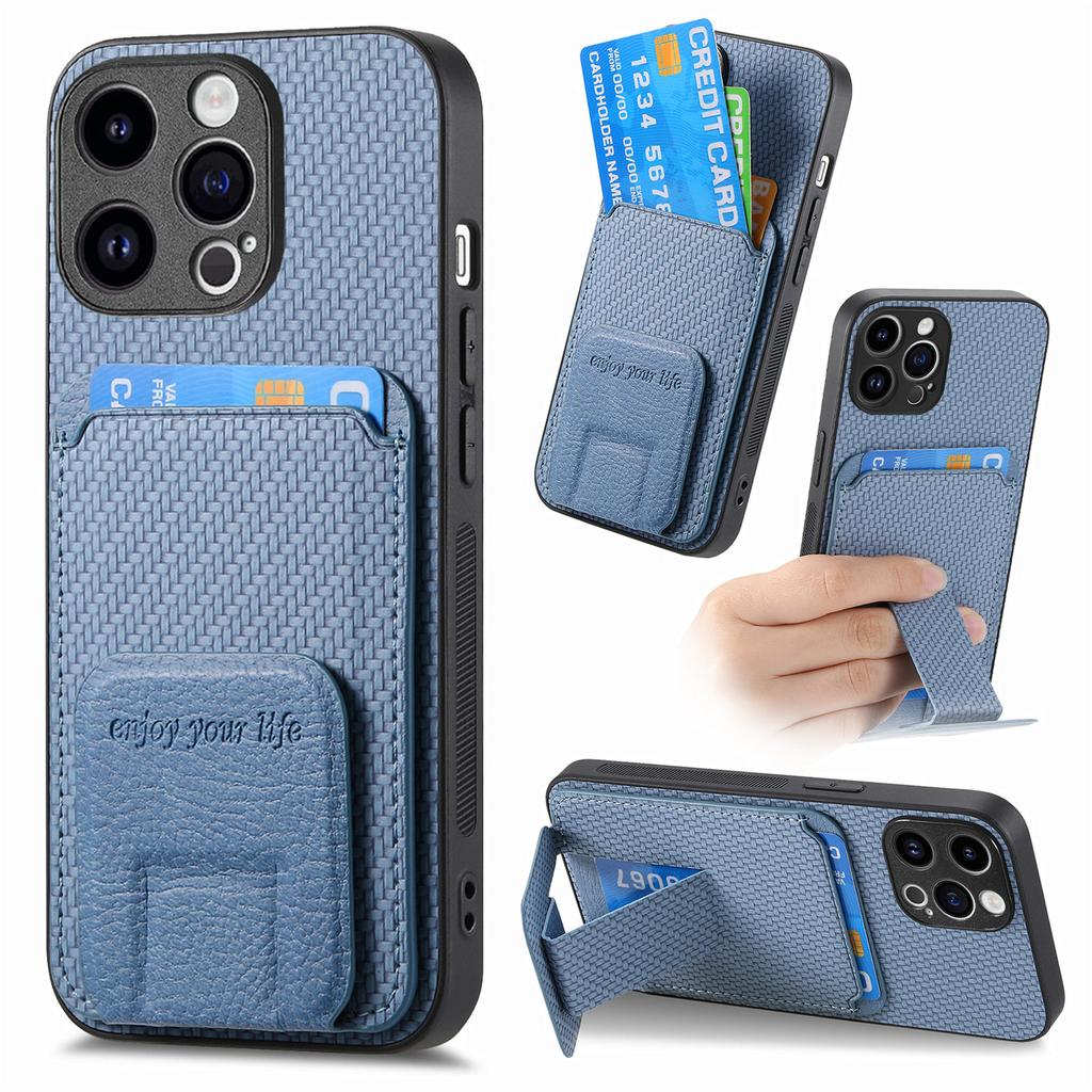 Foldable Bracket Carbon Fibre Vertical Cards Bag Case for iPhone 15 Pro Max 14 Plus 13 12 Mini 11 X XS 7 8 SE 2022 Pocket Cover
